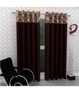 Phyto Home Floral Semi-Transparent Eyelet Door Curtain 7 ft Pack of 2 -Brown