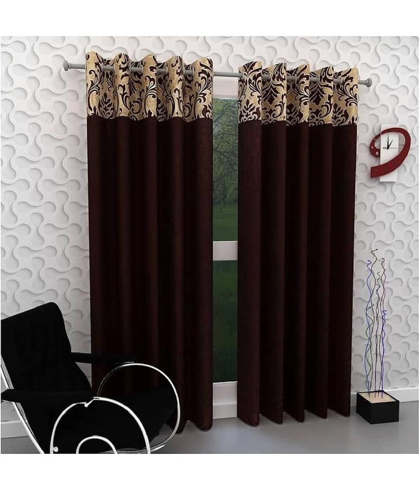 Phyto Home Floral Semi-Transparent Eyelet Door Curtain 7 ft Pack of 2 -Brown
