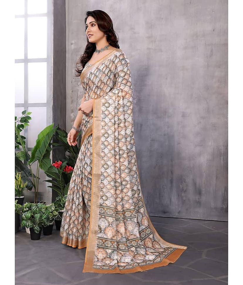 NightBlue Linen Printed Saree With Unstitched Blouse Piece ( Beige ) view 2