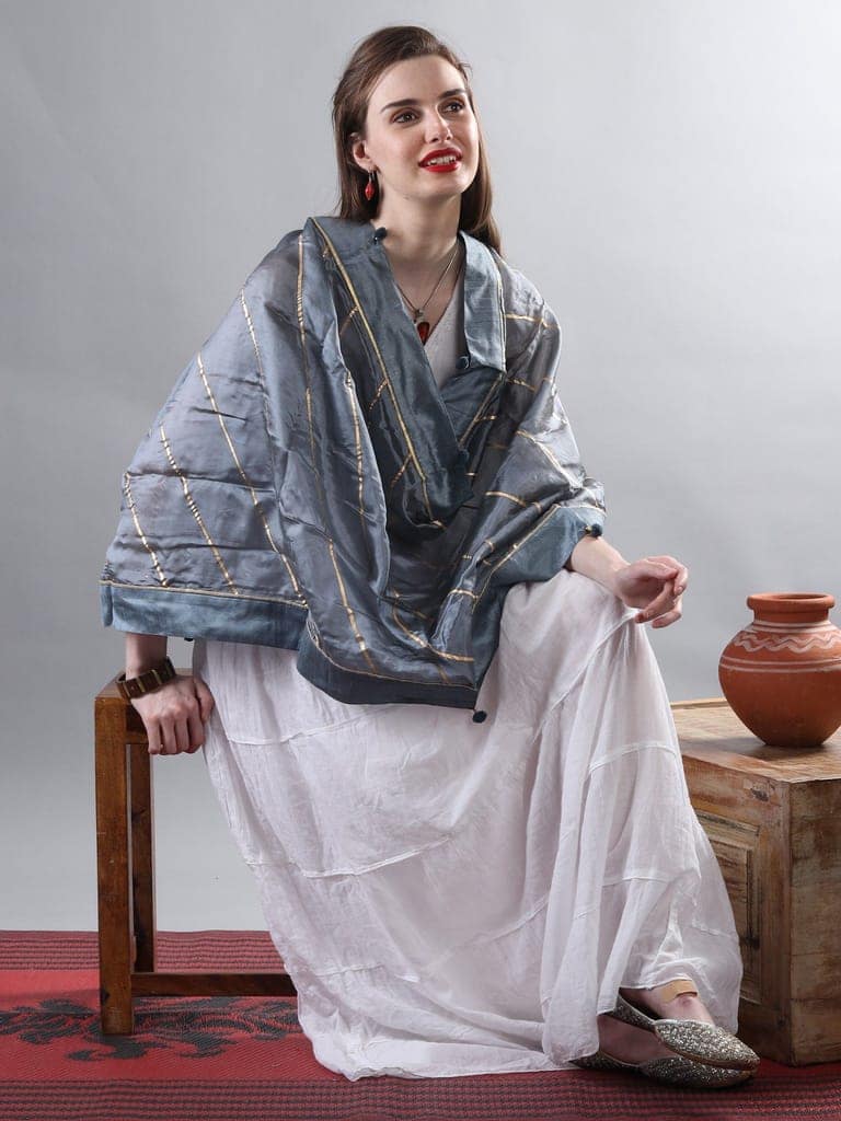 Slate-Gray Gota Dupatta from Amritsar with Patch Border and Pom-Poms