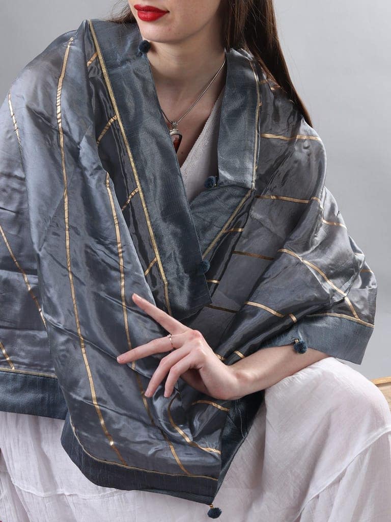 Slate-Gray Gota Dupatta from Amritsar with Patch Border and Pom-Poms view 2