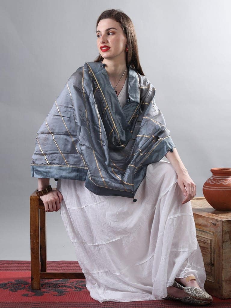 Slate-Gray Gota Dupatta from Amritsar with Patch Border and Pom-Poms view 3