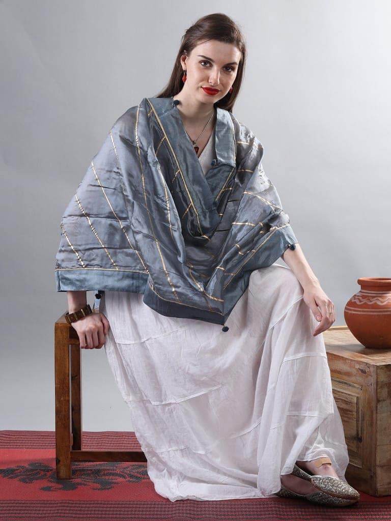 Slate-Gray Gota Dupatta from Amritsar with Patch Border and Pom-Poms view 4