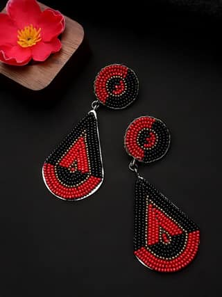 Cardinal Black & Maroon Color Beads Weaving Geometric Design Oxidized Earrings