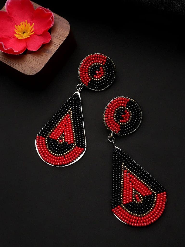 Cardinal Black & Maroon Color Beads Weaving Geometric Design Oxidized Earrings