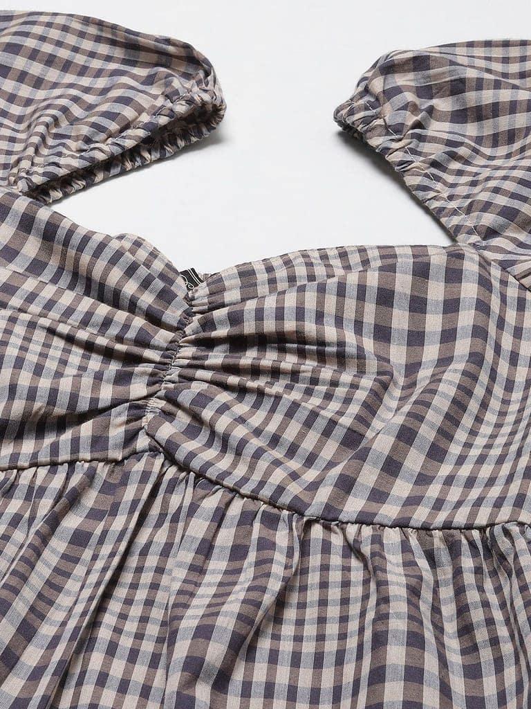 Grey & Black Checked Sweetheart Neck Twisted Top view 2