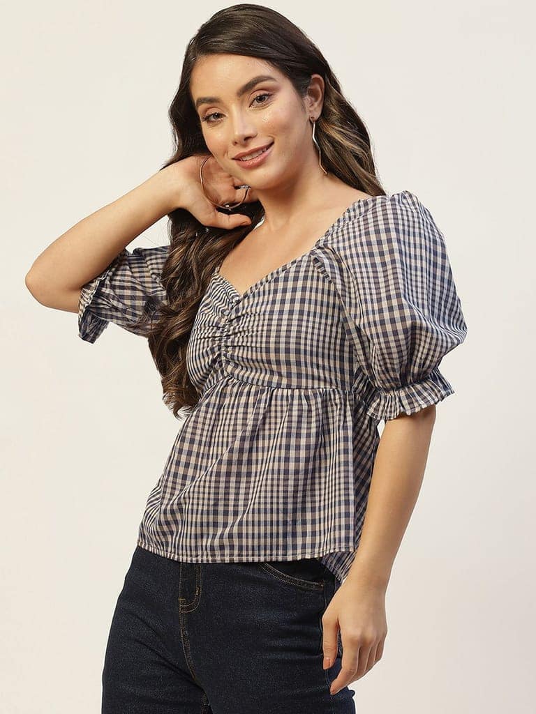 Grey & Black Checked Sweetheart Neck Twisted Top view 3