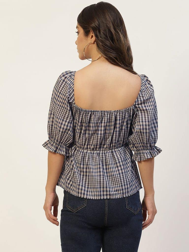 Grey & Black Checked Sweetheart Neck Twisted Top view 4