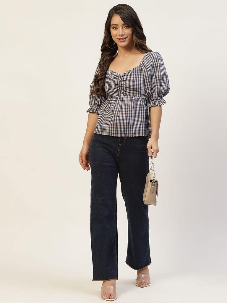 Grey & Black Checked Sweetheart Neck Twisted Top view 5