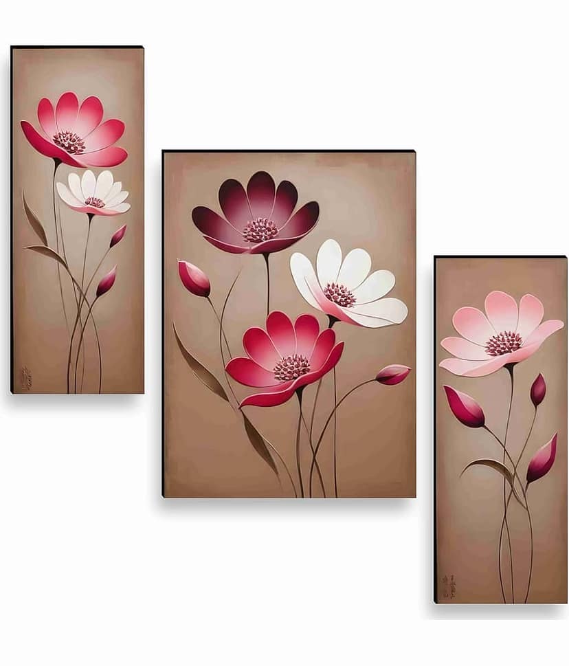 Livin'luxe 3D Effect Pink Floral Wall Art – 3 Panel Modern Blossom Painting on Beige Background for Hall, Office & Elegant Home Décor 12 Inch x 20 Inch