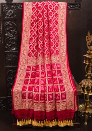 Red Shades Authentic Hand Bandhej Banarasi Silk Georgette Saree | SILK MARK CERTIFIED