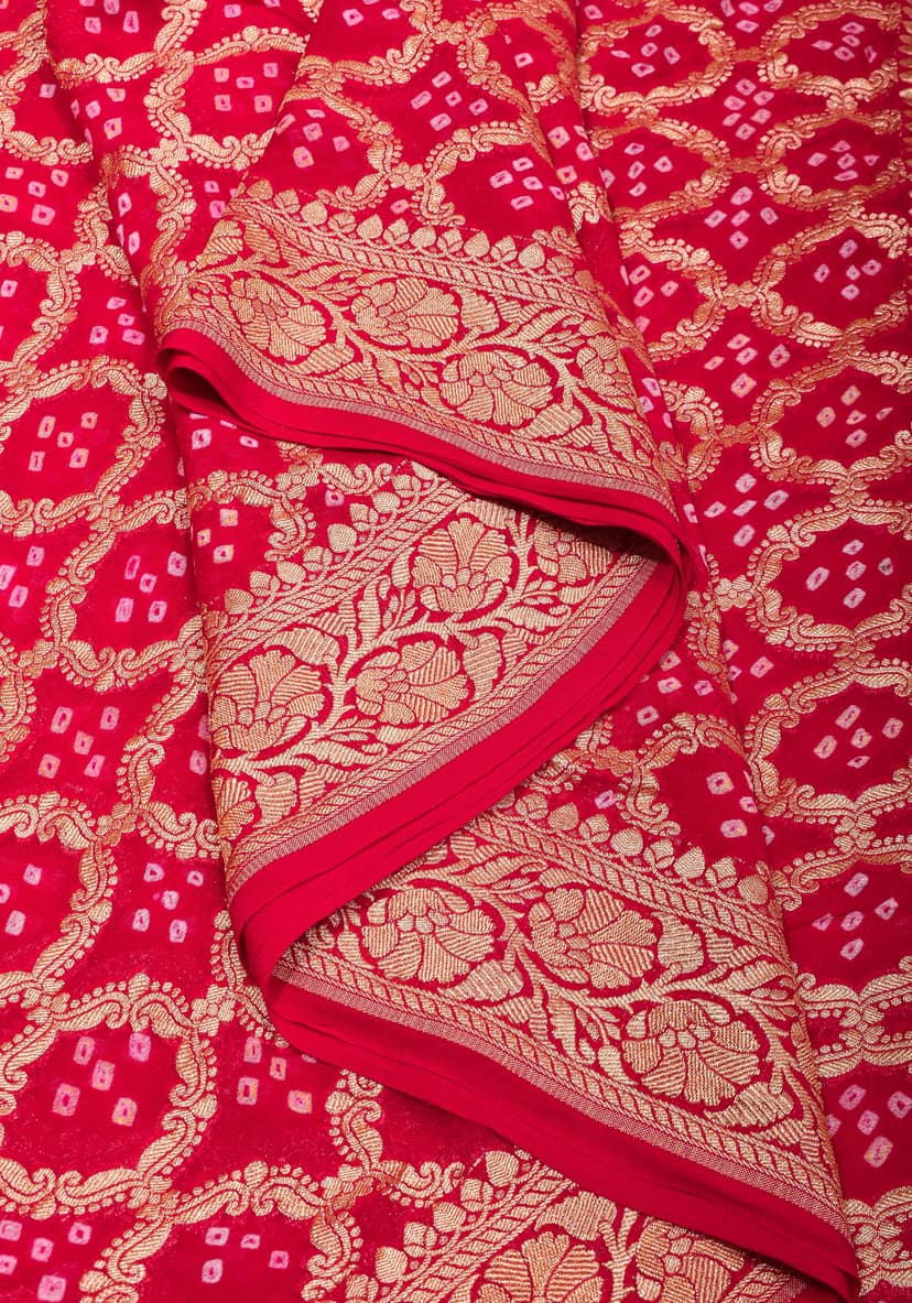 Red Shades Authentic Hand Bandhej Banarasi Silk Georgette Saree | SILK MARK CERTIFIED view 3