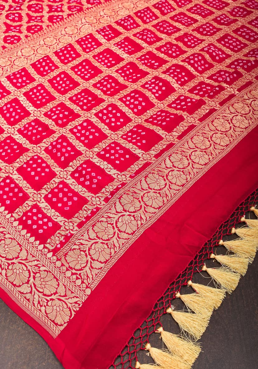 Red Shades Authentic Hand Bandhej Banarasi Silk Georgette Saree | SILK MARK CERTIFIED view 8