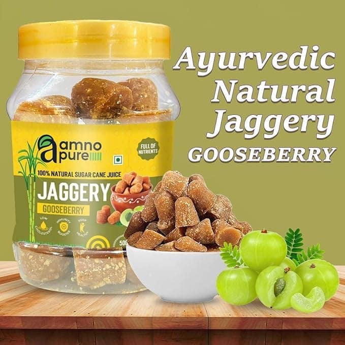 Amno Pure Natural Sugar Cane Jaggery 10G Cube with Gooseberry | Cholestrol free, Fat free, Full of Nutrinents with Gooseberry Benefits & 100% Natural - 500G Pet Jar view 4