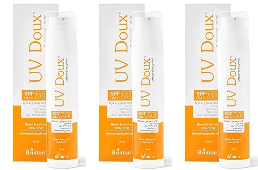 Brinton UvDoux Sunscreen Lotion with SPF 30 in Oil Free Formula| Light Weight & Non Greasy Sunscreen|Protection against UVA/UVB Rays| 50 ML x Pack of 3