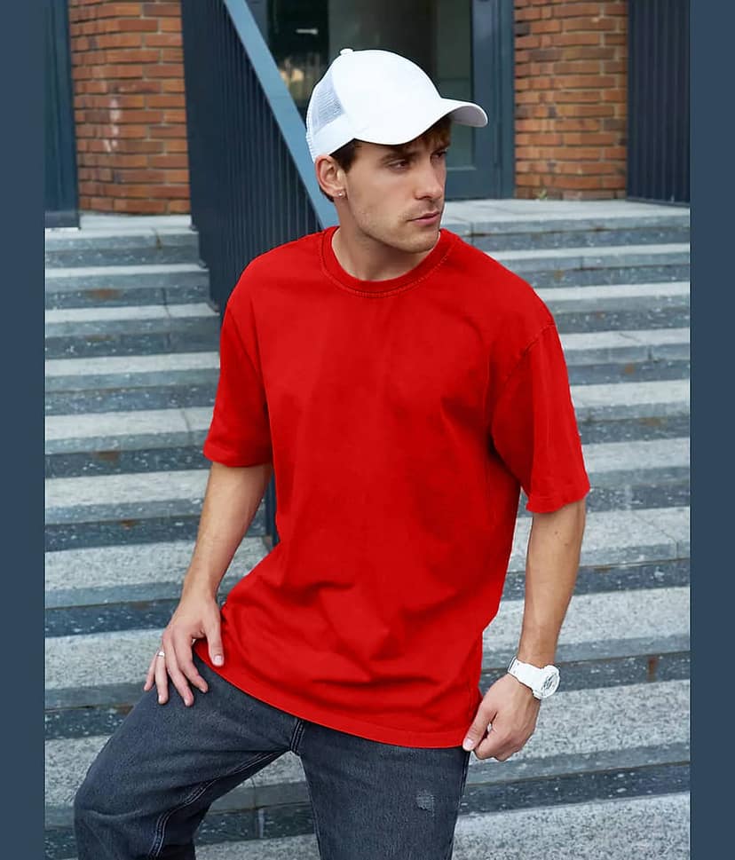Leotude Men Cotton Blend Oversized Fit Solid T-Shirt ( Red ) view 2
