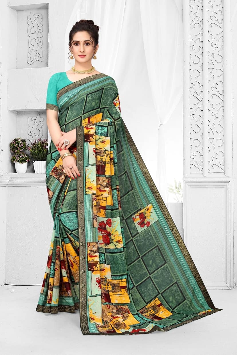 TheHangr Beautiful Printed Pure Georgette Saree Less Border With Cotton Silk Blouse Piece - Light Green