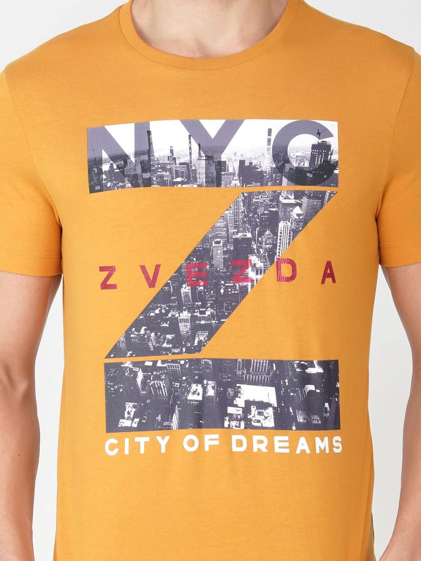 Men’s Casual Graphic Print Cotton Tee-Golden view 4