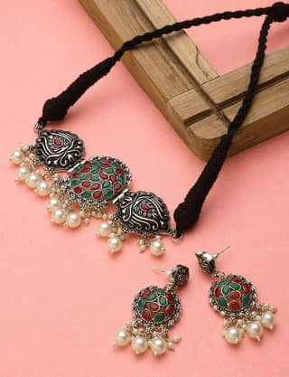 Cardinal Oxidized Silver Color Multicolor Stone Choker Necklace Set