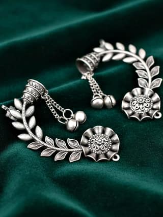 LUCKY JEWELLERY Oxidised Leaf Floral Ear Cuff with Chain Drop for Women (258-KK2O-10668)