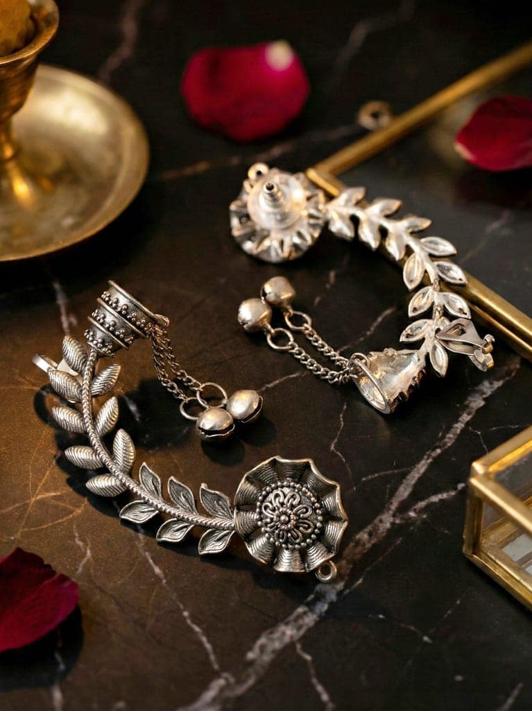 LUCKY JEWELLERY Oxidised Leaf Floral Ear Cuff with Chain Drop for Women (258-KK2O-10668) view 6