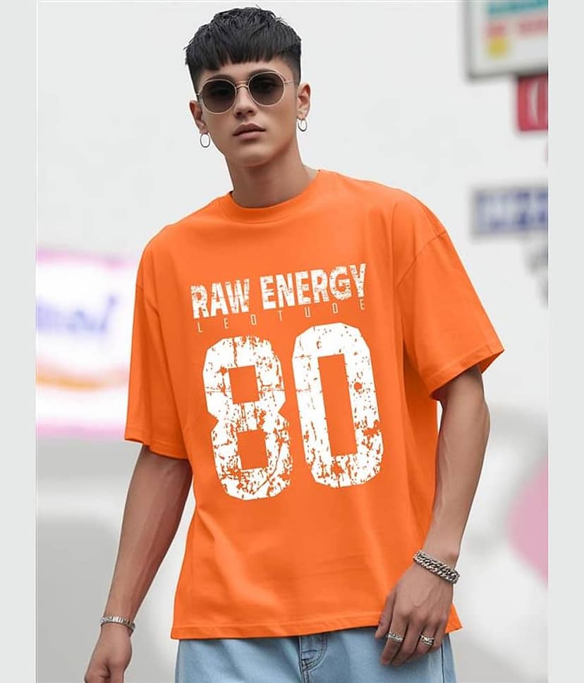 Leotude Men Cotton Blend Oversized Fit Printed T-Shirt ( Orange )