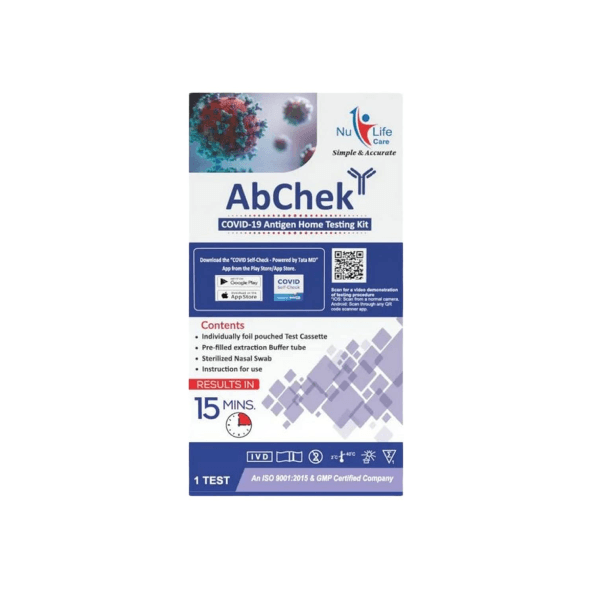 AbChek Covid 19 Self Test Kit Marketed by Tata MD (Pre Filled Extraction Tube, Test Card, Sterile Nasal Swab, Biohazard Bag , Each 1 No)