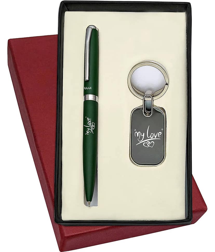 UJJi 2in1 set with My Love Engraved Matte Finish Green Body Ballpen and Keychain