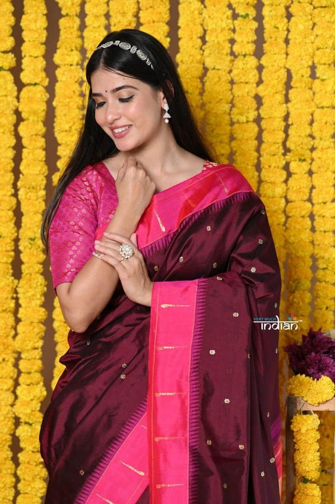 Best Seller Rajsi~Designed By VMI Premium~ Handloom Pure Silk Muniya With Lotus Pallu in Wine view 2