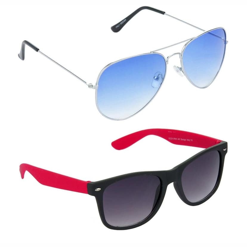 HRINKAR Men Women Boys & Girls Pilot Sunglasses Silver & Red Frame, Blue & Grey Lens (Medium) Pack of - 2