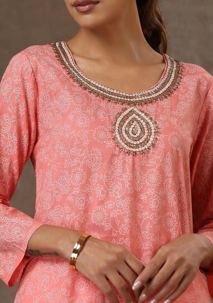 HOC Crafts Cotton Hand Embroidered Printed Women's Long Kurta - Peach view 2