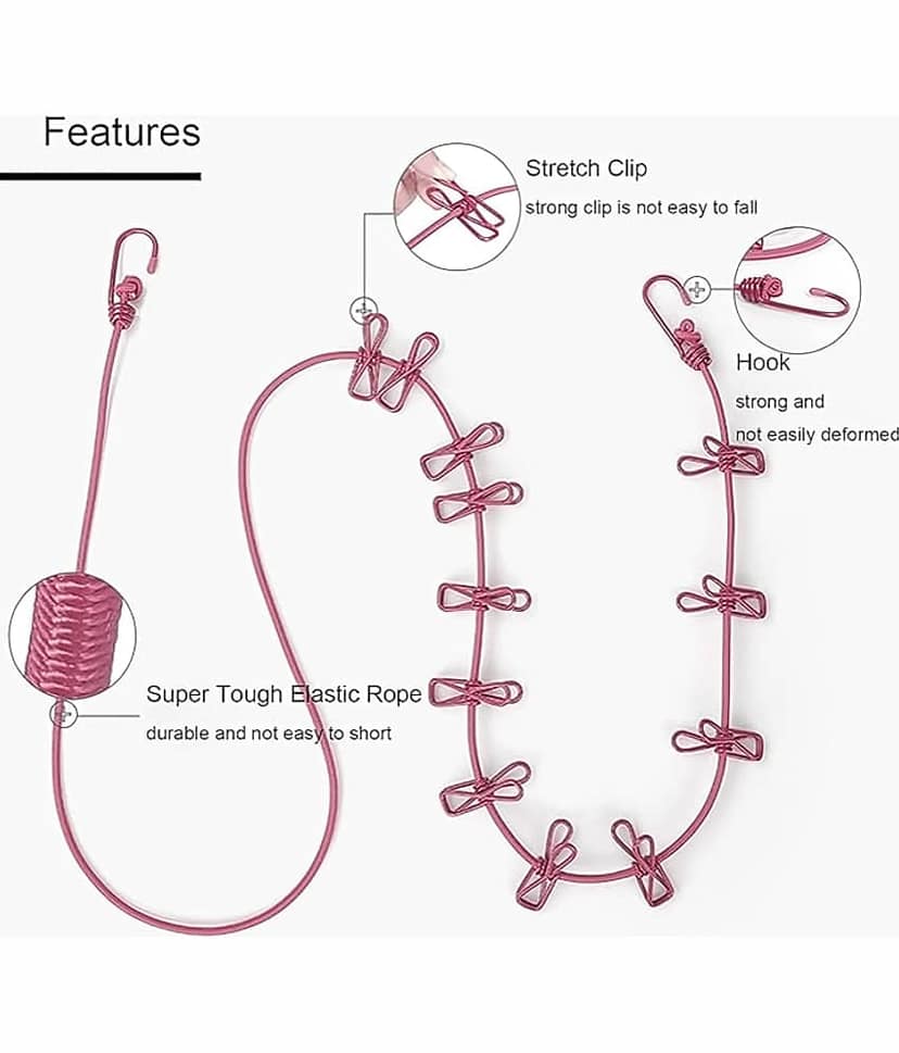 12-Clip Cloth Drying Rope - Clothesline Hooks (Pack of 1) view 2