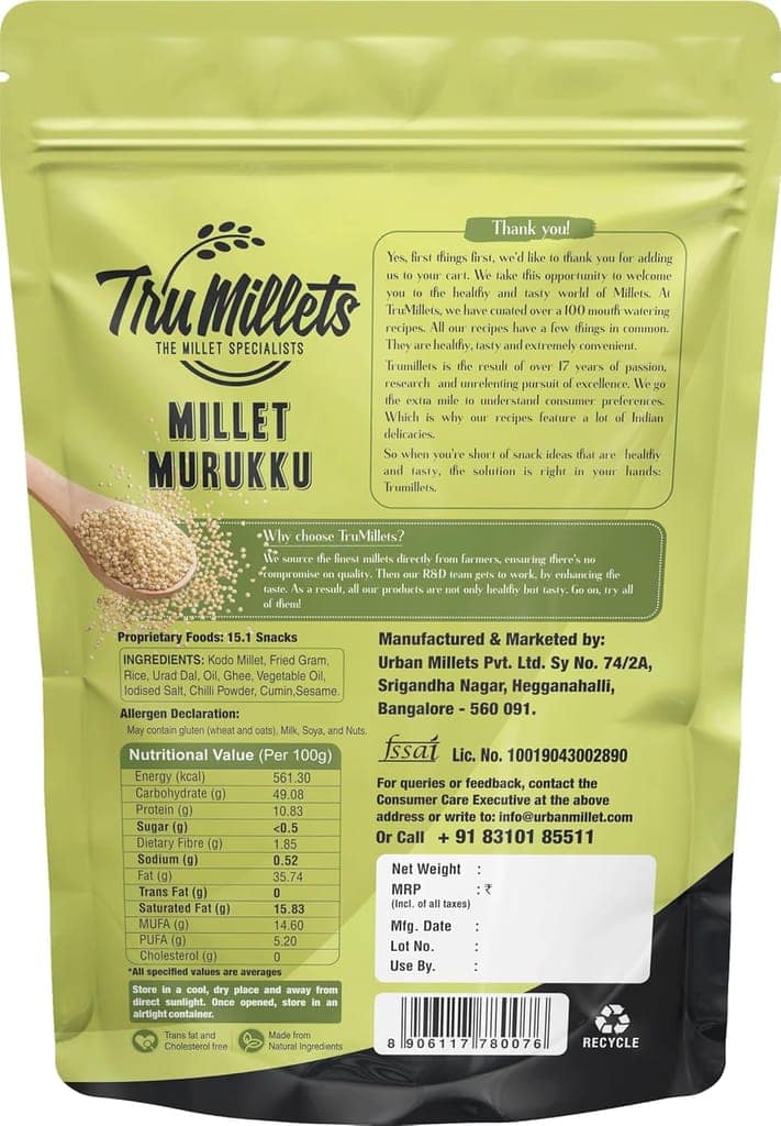 Trumillets 125 Gm Healthy Millet Snack for Kodo Millet Murukku | Indian Masala Crispy Namkeen | Healthy and Hygienic Snacks | High Protein & Fiber Snack | No Preservative view 3