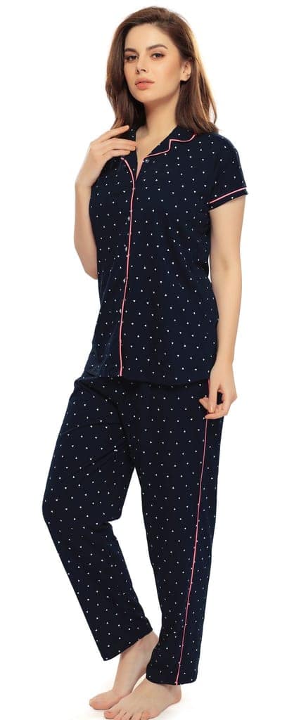 ZEYO Women's Cotton Navy Blue & Green Triangle Printed Stylish Night suit set view 2
