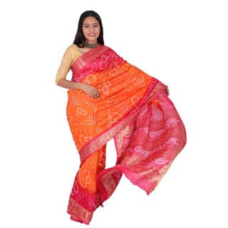 Tribes India Handwoven Orange and Neon Pink Bandhej saree