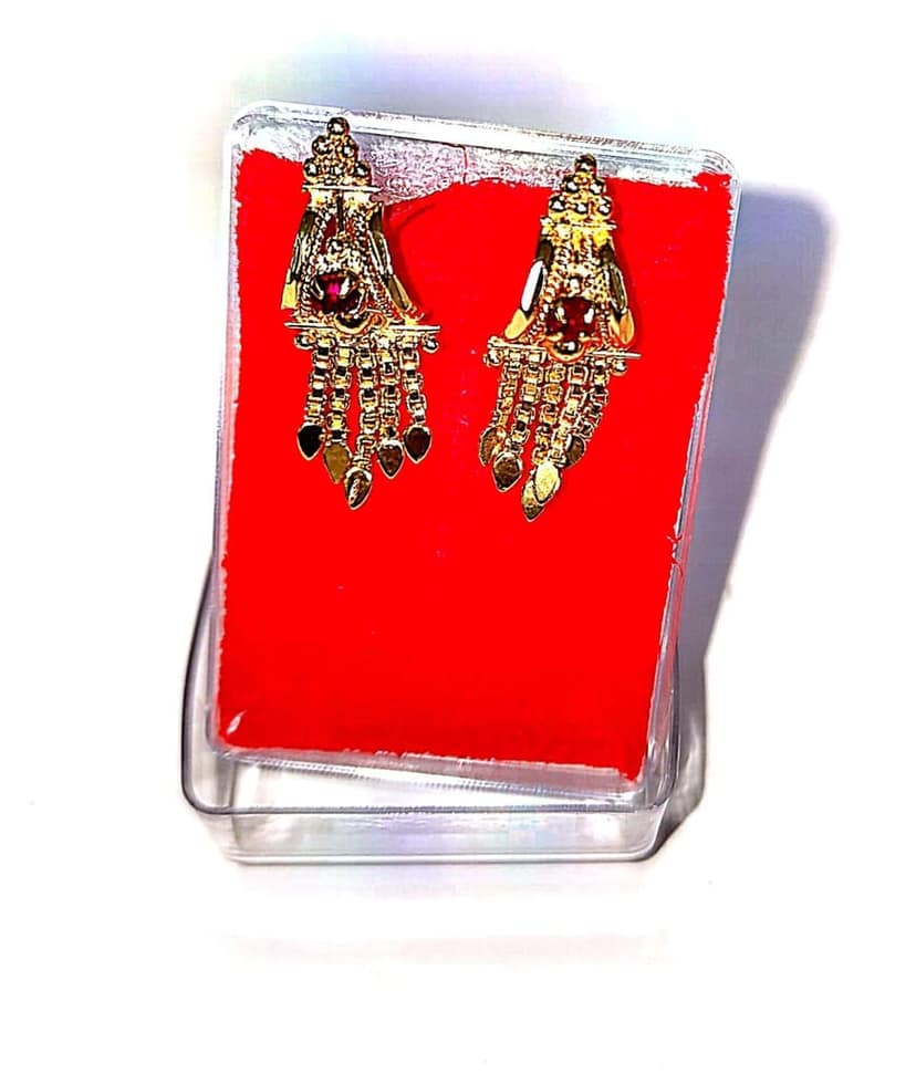 Gold Plated Indian Bollywood Style Long Jhumka Earrings with Red Stones view 3