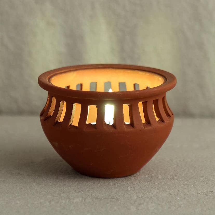 Matka Terracotta Diya - Jali Cuts (Pack of 1, Natural, 3 inches x 2 inches) view 4
