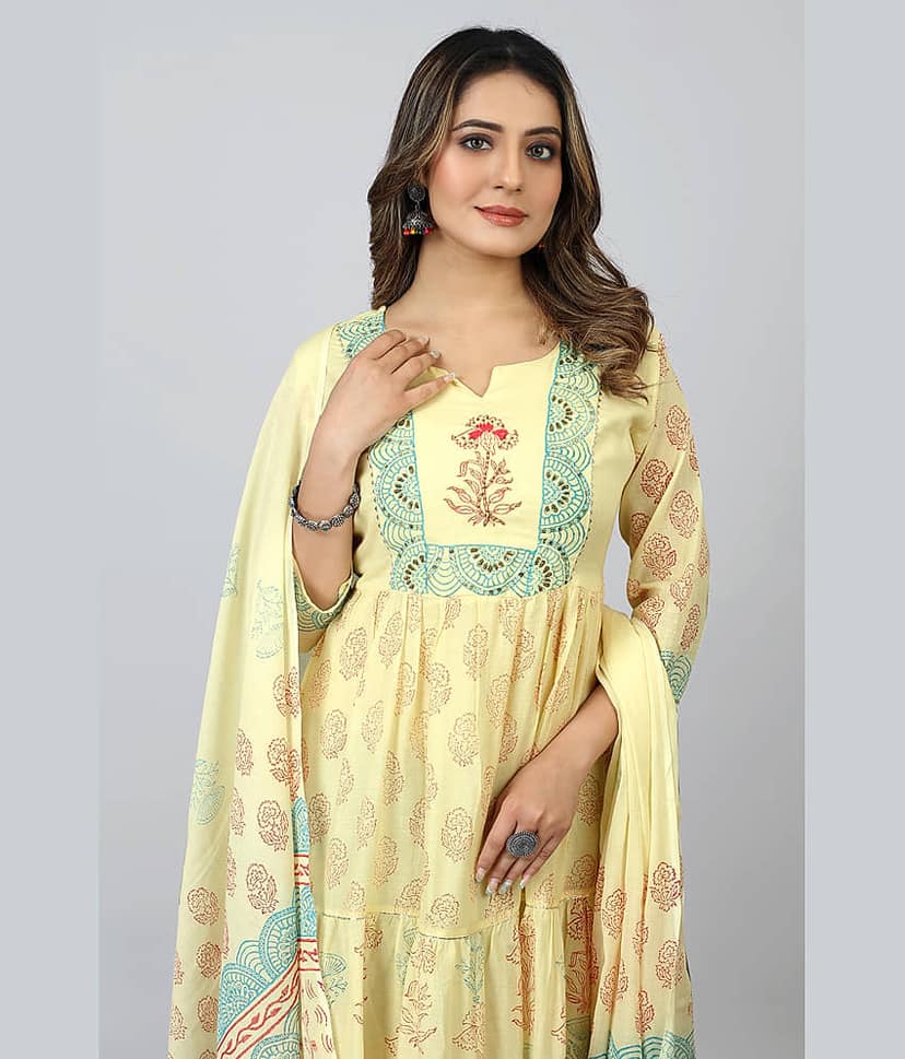 SARRAS - Yellow Flared Cotton Women's Stitched Ethnic Gown ( Pack of 1 ) view 2