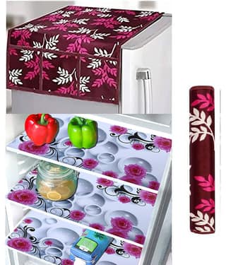 Crosmo Polyester Floral Printed Fridge Mat & Cover ( 99 53 ) Pack of 5 - Multicolor