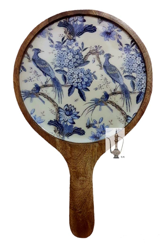 Sara Home Mango Wood Serving Pizza Platter/Chipdip/Dosa/Chees/Snacks Tray Printed Enamel Serving Platter with Handle Appetizer Plate Serving Platter view 2