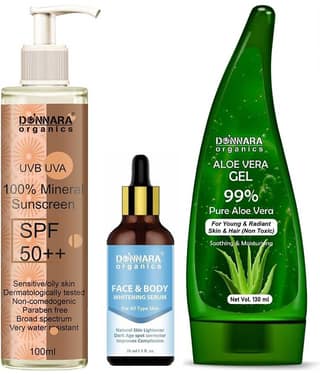 Donnara Organics 100% Mineral Suncreen Cream UVB & UVA Protection with SPF 50++ 100ml, Face and Body Whitening Serum 30ml & Natural Aloe Vera Gel 130ml - Combo of 3 Items
