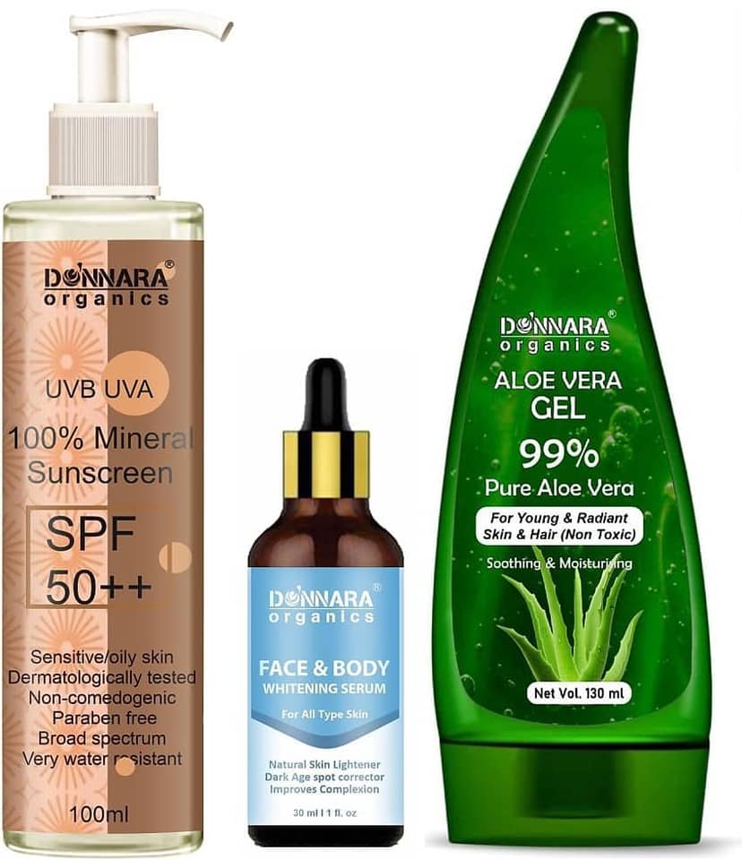 Donnara Organics 100% Mineral Suncreen Cream UVB & UVA Protection with SPF 50++ 100ml, Face and Body Whitening Serum 30ml & Natural Aloe Vera Gel 130ml - Combo of 3 Items