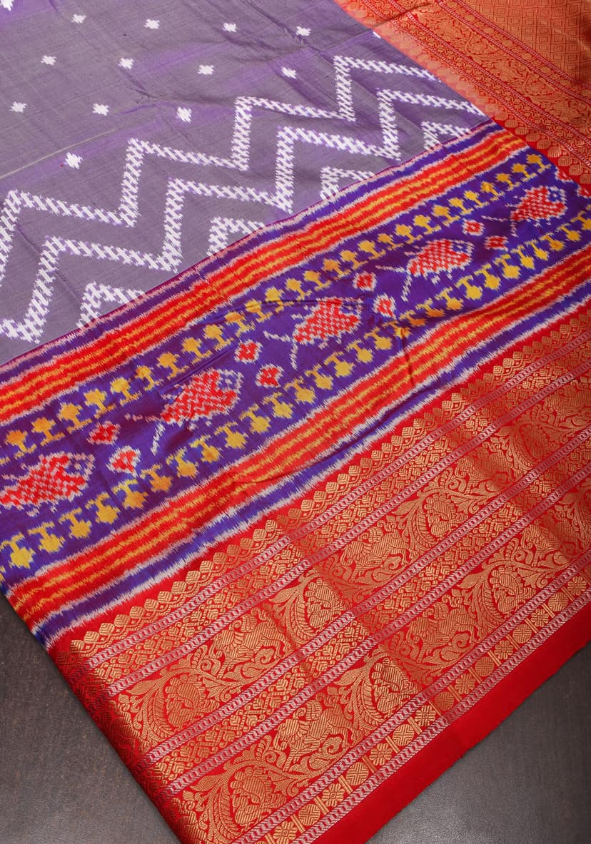 Not found//Amethyst tone Ikkat Patola Kanjivaram Fusion Silk Saree with Panel design and zari border | SILK MARK CERTIFIED view 3
