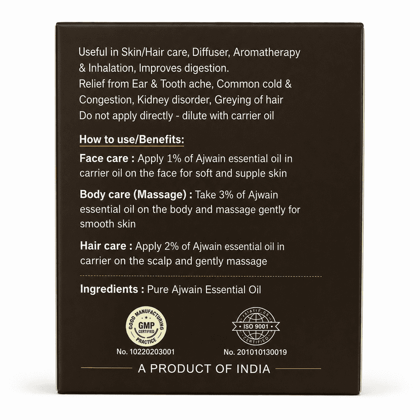 Ajwain Essential Oil 15ml | 100% Pure Natural | Digestive comfort | Muscle relaxation |Respiratory support | Relief from Ear & Tooth ache, Common cold & Congestion | Aromatherapy view 3