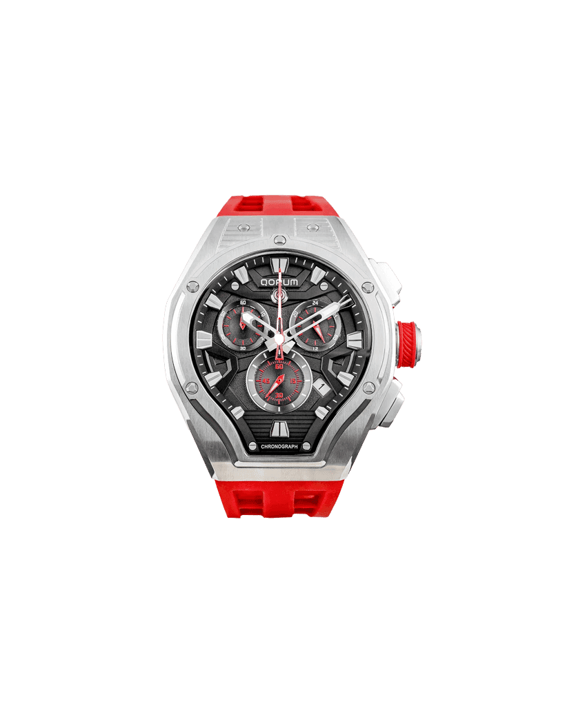 Qorum Equinox Men’s Chronograph Watch - Red Dial, Silver Detailing, Red Silicon Strap
