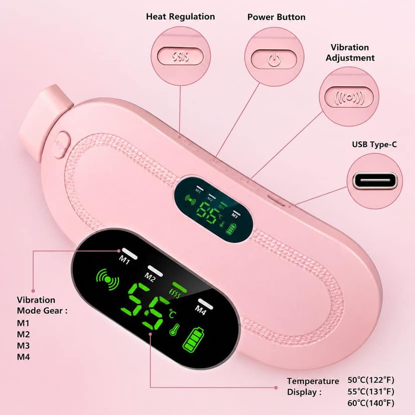 Deep Heat Therapy Menstrual Cramp & Period Pain Relief Heating Pad Belt - Pink view 2