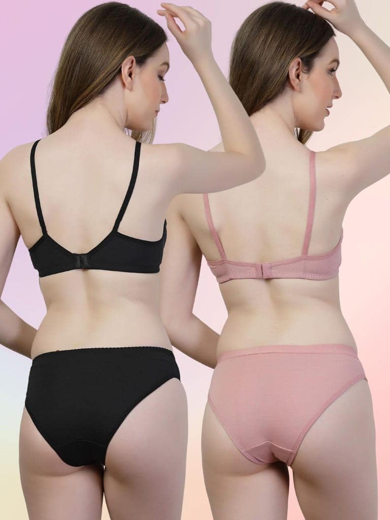 adornstar Women Cotton Lingerie Set with Solid Color Design | Non Wired and Non Padded Bra with Full Coverage Hipster Panty Set | Stylish and Soft Stretchable Fabric (Pack of 2) view 3
