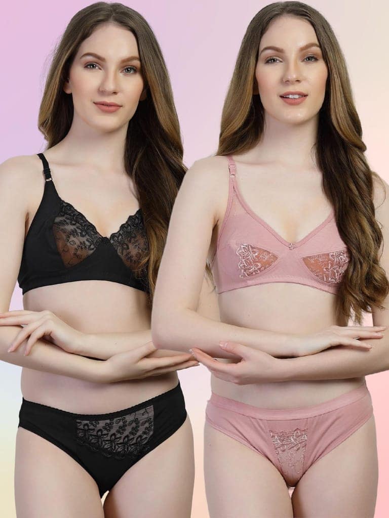 adornstar Women Cotton Lingerie Set with Solid Color Design | Non Wired and Non Padded Bra with Full Coverage Hipster Panty Set | Stylish and Soft Stretchable Fabric (Pack of 2) view 4