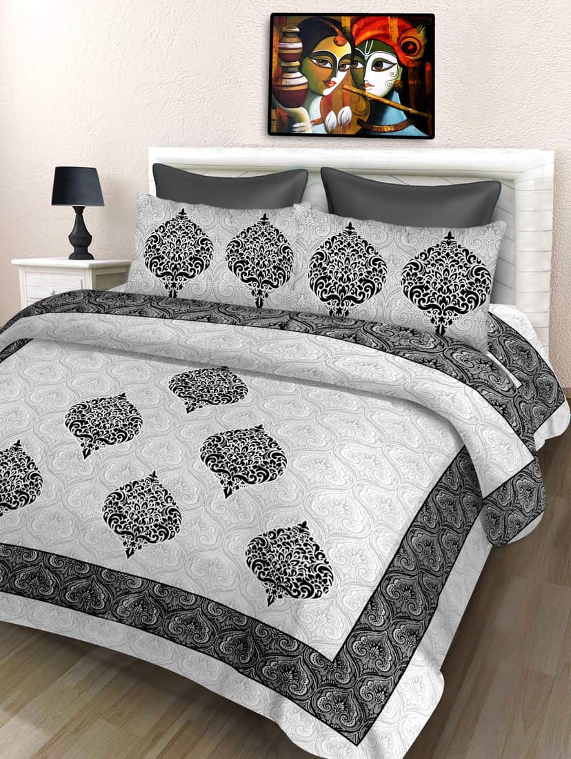 Lali Prints Jaipuri Black Printed Cotton 130 TC Queen Bedsheet with 2 Pillow Covers