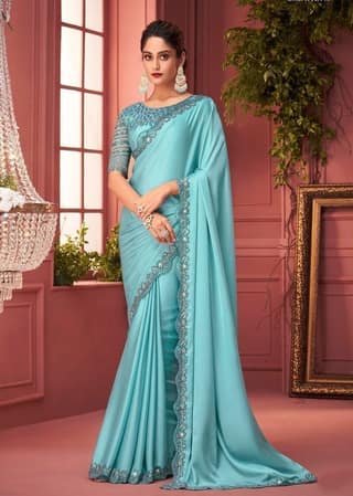 Embroidered Border Satin Georgette Scalloped Saree in Light Blue